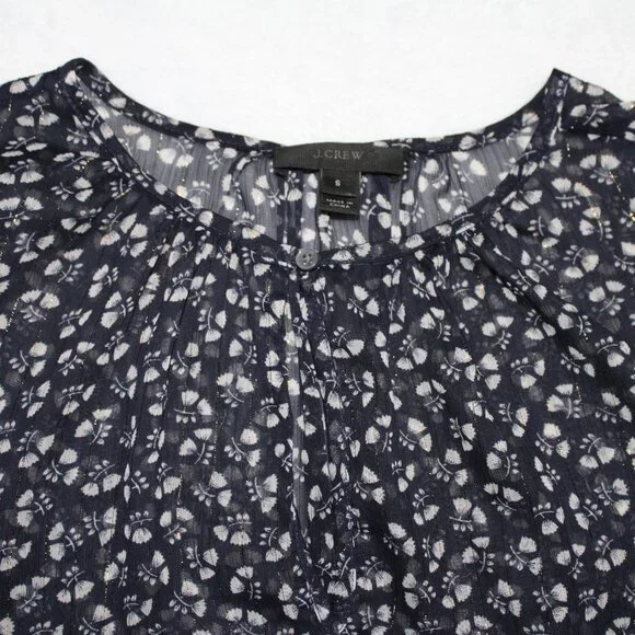 J. Crew Sheer Floral Blue & Gold Blouse Ruched Sleeves Short Sleeve Size Small - Picture 4 of 5